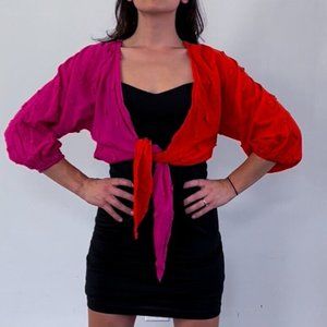 Farm Rio Deep V Neck Tie Front Top Size XS: Pink and Purple W/ Pineapples 